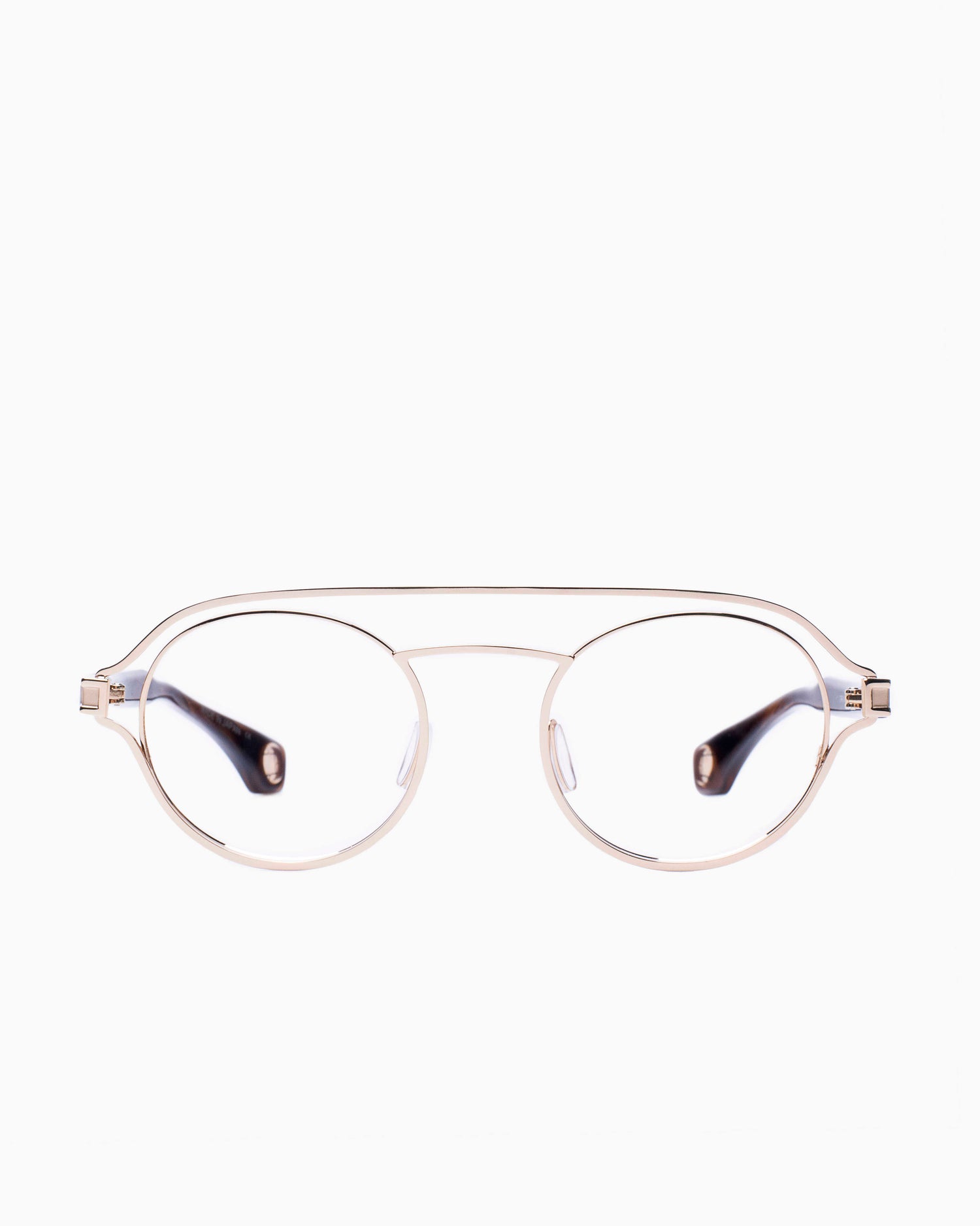 gold metal aviator eyeglasses by Blake Kuwahara model Stirling, front view, lunettes de vue aviateur couleur or