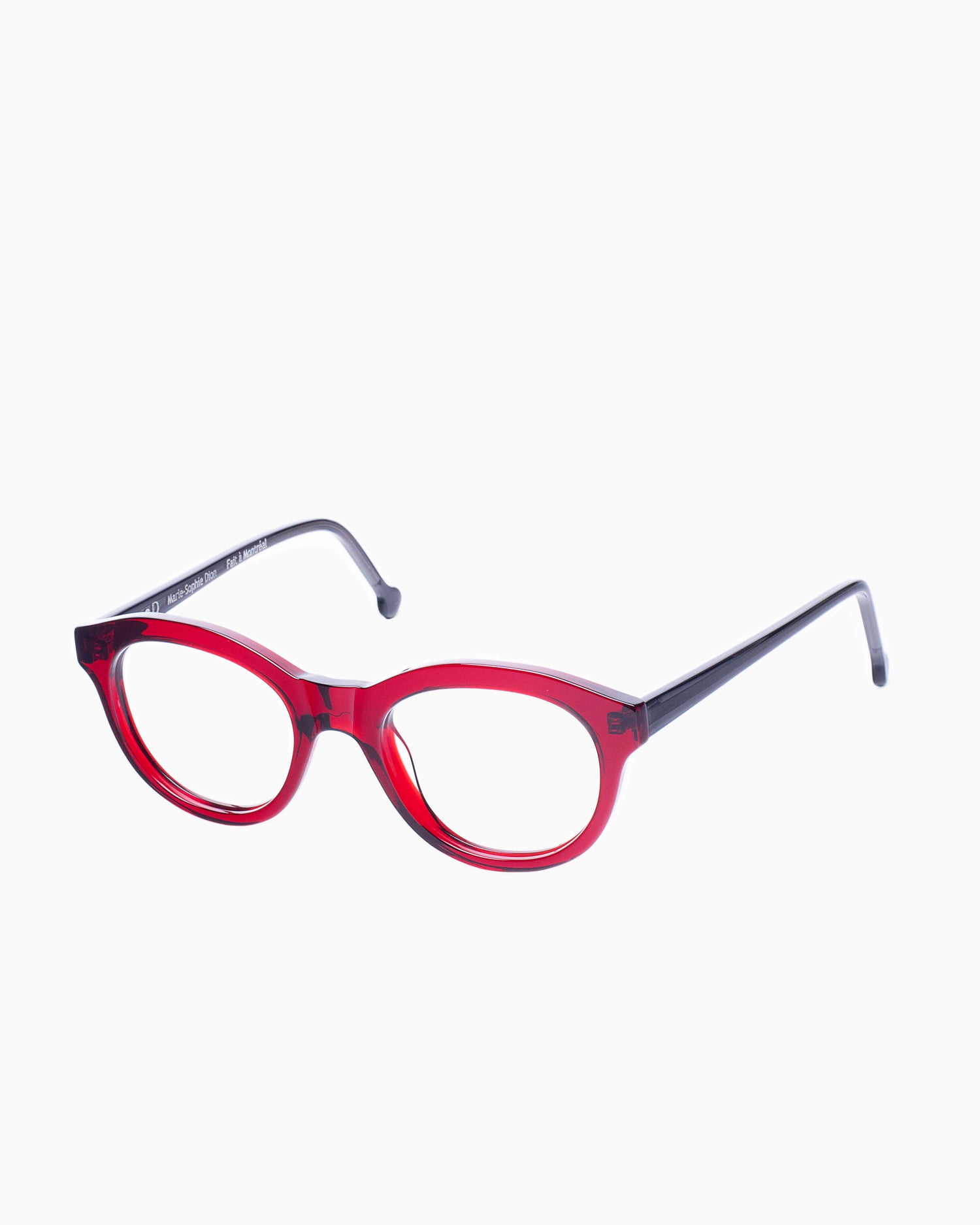 red plastic oval eyeglasses by Marie-Sophie Dion model Claus, front view, lunettes de vue ovale couleur bourgogne