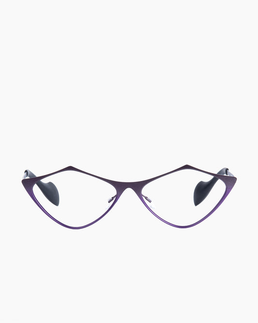 purple metal triangle eyeglasses by Theo model TOTTORI, front view, lunettes de vue  couleur violet