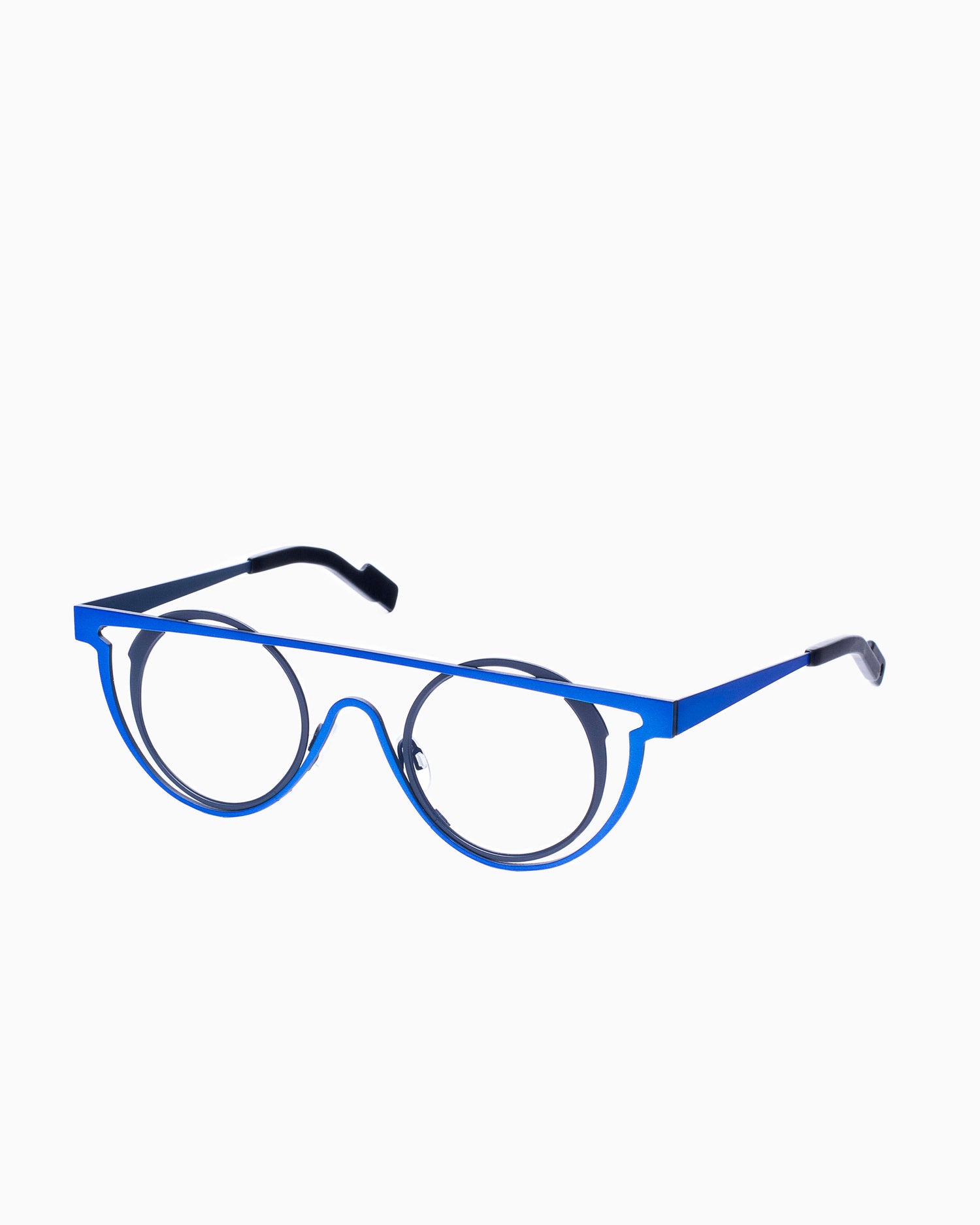 blue metal round eyeglasses by Theo model Sketch, front view, lunettes de vue rond couleur Bleu