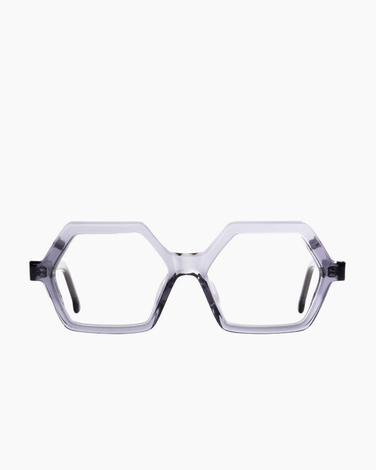 grey plastic hexagon eyeglasses by Marie-Sophie Dion model salsa, front view, lunettes de vue hexagone couleur gris