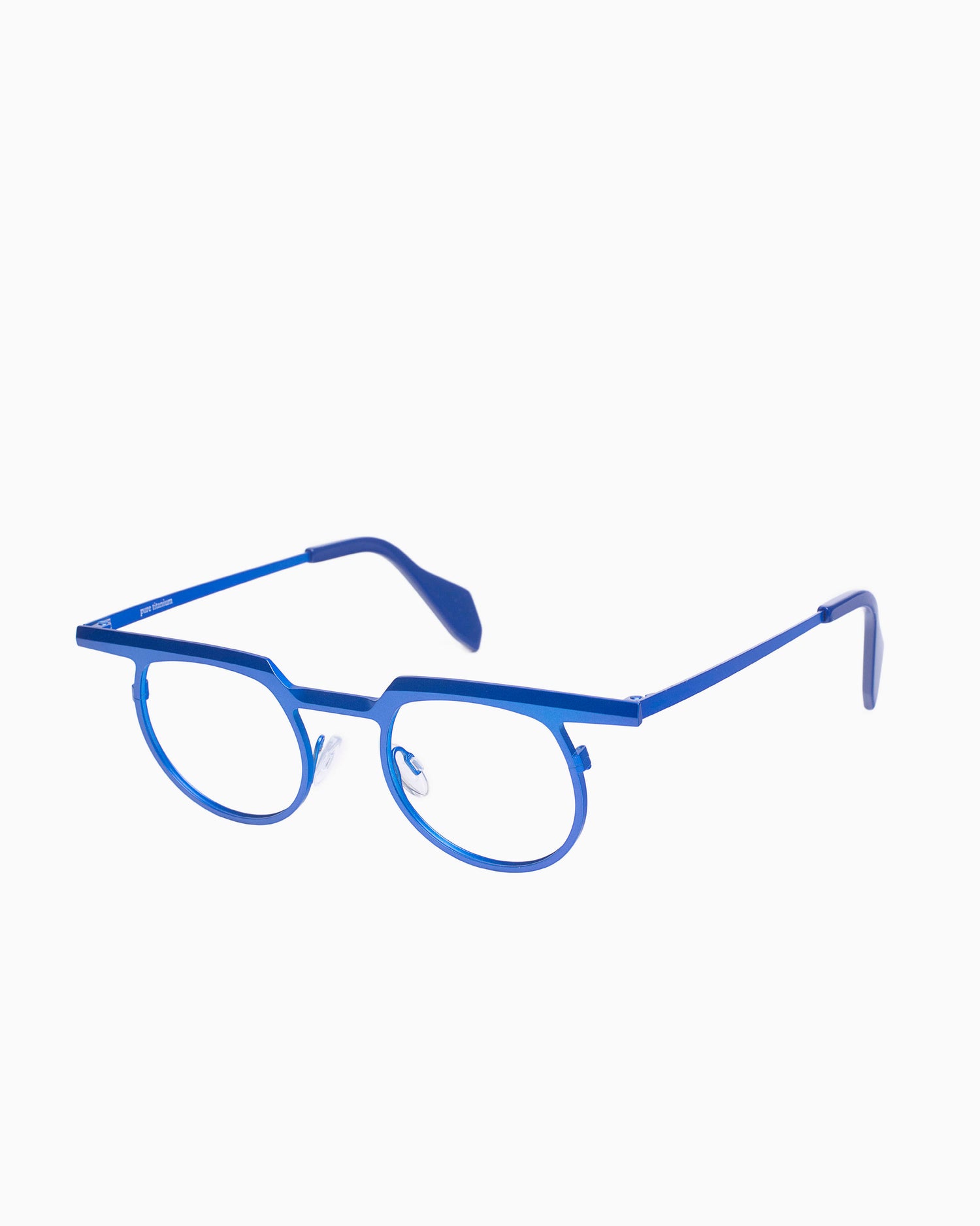 blue metal round eyeglasses by Theo model Zinnia, front view, lunettes de vue rond couleur Bleu