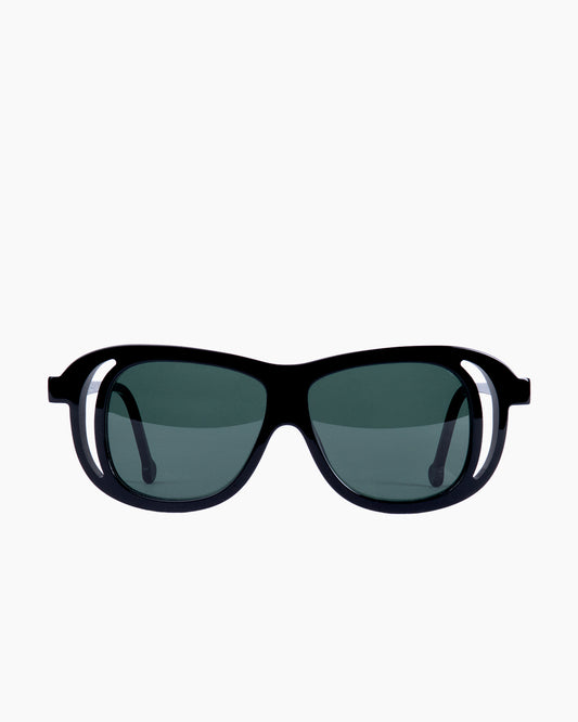 black plastic aviator sunglassesby Marie-Sophie Dion model RollSun, front view, lunettes de vue aviateur couleur Noir