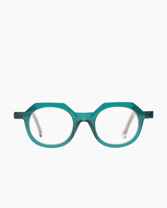 green plastic round eyeglasses by Marie-Sophie Dion model Larouche, front view, lunettes de vue rond couleur Vert