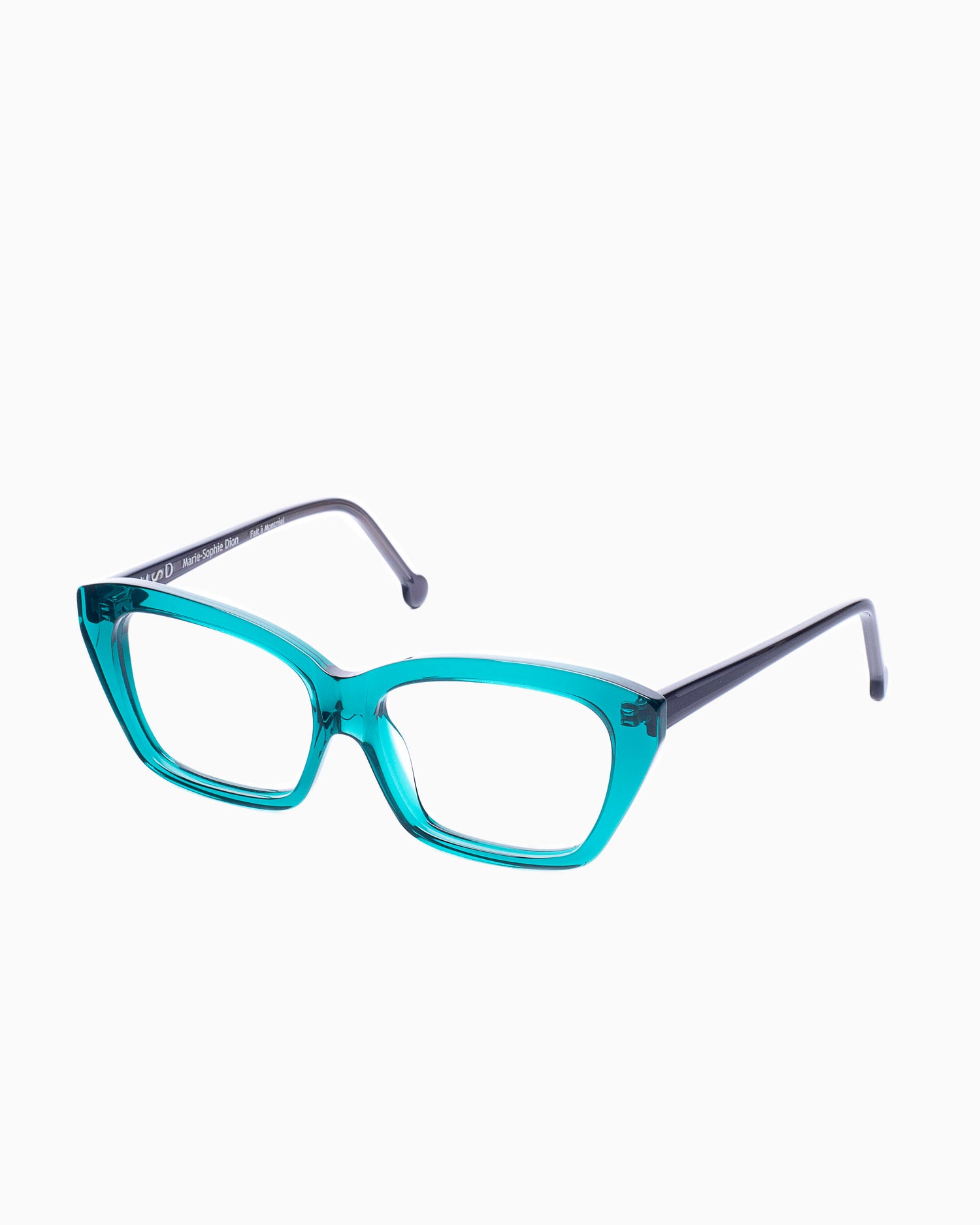 green plastic butterfly eyeglasses by Marie-Sophie Dion model Pageau, front view, lunettes de vue papillon couleur Vert
