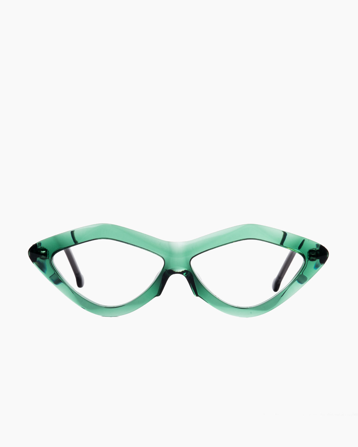 green plastic triangle eyeglasses by Marie-Sophie Dion model Lorenzo, front view, lunettes de vue triangle couleur vert