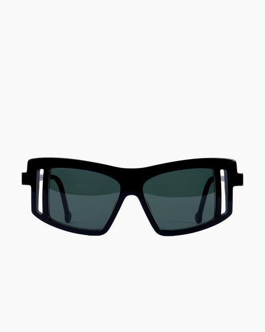 black plastic rectangle  sunglassesby Marie-Sophie Dion model AndSun, front view, lunettes de vue rectangle couleur Noir