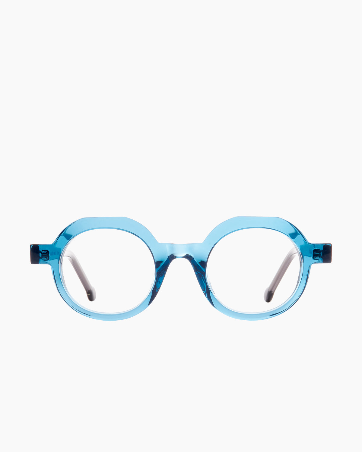 blue plastic round eyeglasses by Marie-Sophie Dion model Rambou, front view, lunettes de vue rond couleur bleu