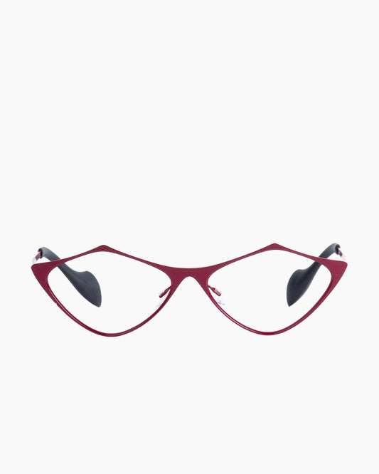 red metal triangle eyeglasses by Theo model TOTTORI, front view, lunettes de vue triangle couleur Rouge