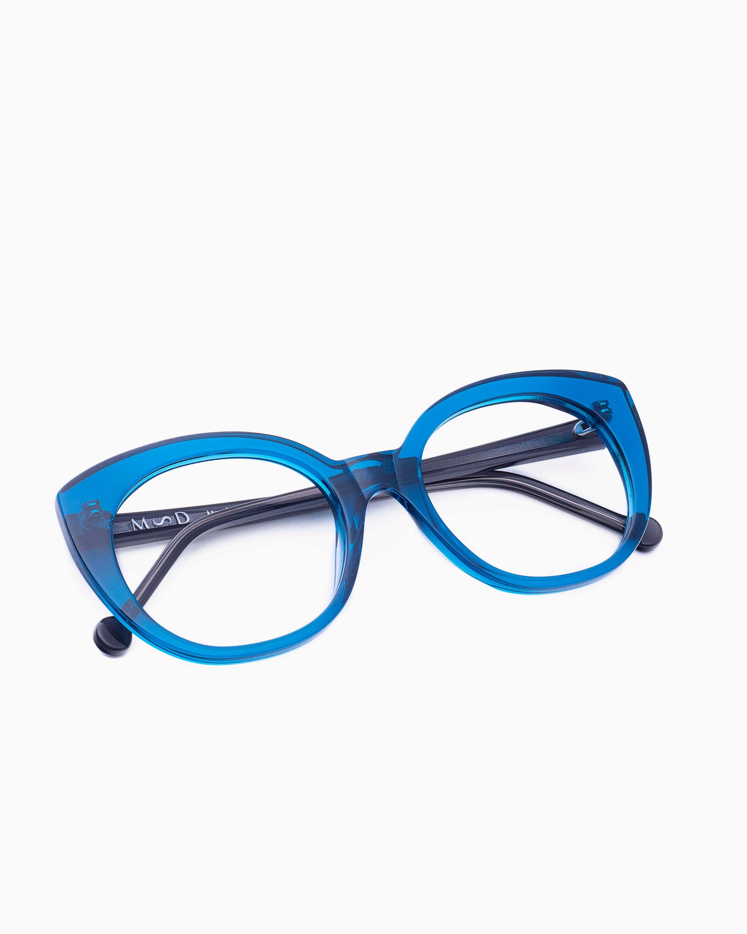 blue plastic cat eyeglasses by Marie-Sophie Dion model Monroe, front view, lunettes de vue chat couleur Bleu