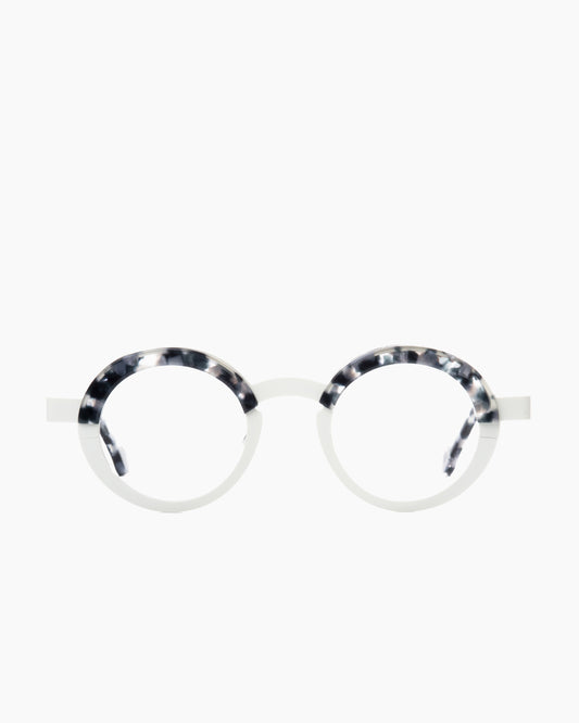 white metal round eyeglasses by Theo model Balloon, front view, lunettes de vue rond couleur blanc