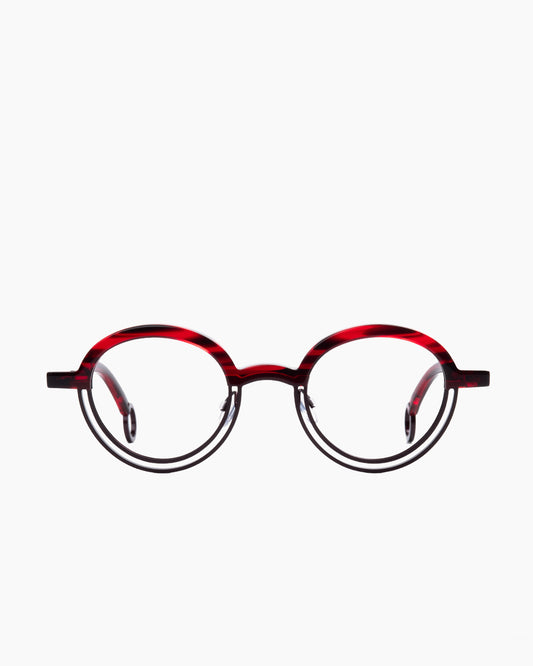 red metal round eyeglasses by Theo model BUMPER, front view, lunettes de vue rond couleur rouge