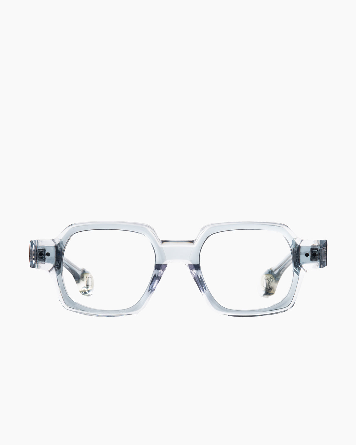 grey plastic rectangle eyeglasses by Blake Kuwahara model bender, front view, lunettes de vue rectangle couleur gris