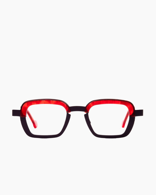 purple metal rectangle eyeglasses by Theo model Parachute, front view, lunettes de vue rectangle couleur violet
