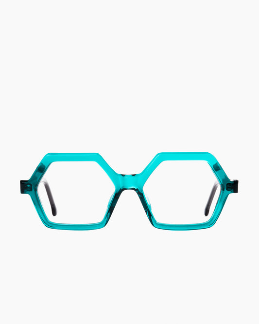 green plastic hexagon eyeglasses by Marie-Sophie Dion model salsa, front view, lunettes de vue hexagone couleur vert