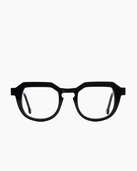 black plastic round eyeglasses by Marie-Sophie Dion model Galviston, front view, lunettes de vue rond couleur noir
