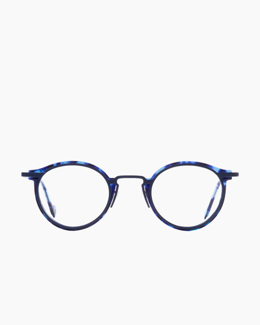 blue metal round eyeglasses by Anne et Valentin model m5, front view, lunettes de vue rond couleur bleu