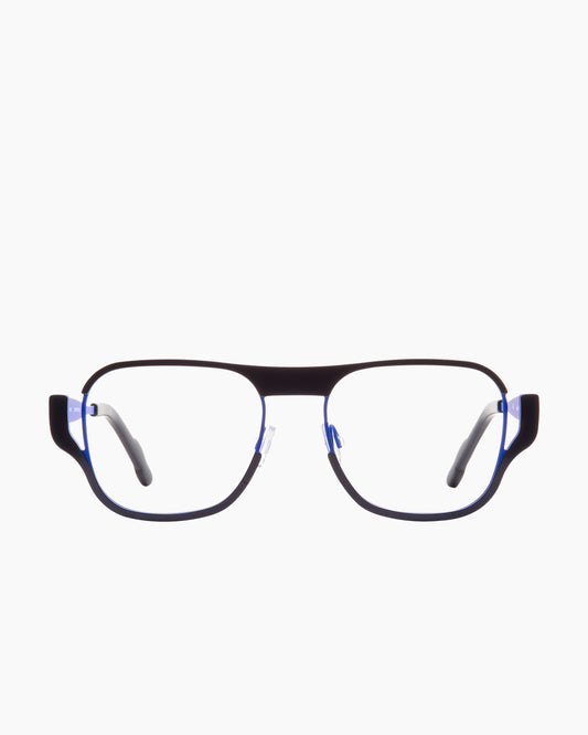 blue metal rectangle eyeglasses by Theo model Plan, front view, lunettes de vue rectangle couleur bleu