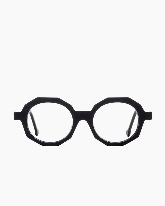 black plastic octogon eyeglasses by Marie-Sophie Dion model Fabi, front view, lunettes de vue octogone couleur noir