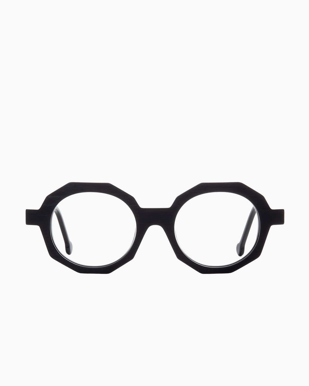 black plastic octogon eyeglasses by Marie-Sophie Dion model Fabi, front view, lunettes de vue octogone couleur noir
