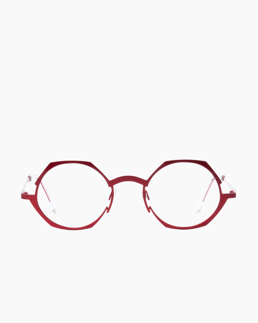 red metal round eyeglasses by Theo model WAVE, front view, lunettes de vue rond couleur Rouge
