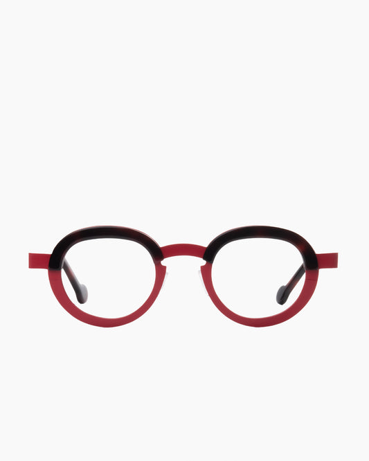 red metal round eyeglasses by Theo model Basket, front view, lunettes de vue rond couleur rouge