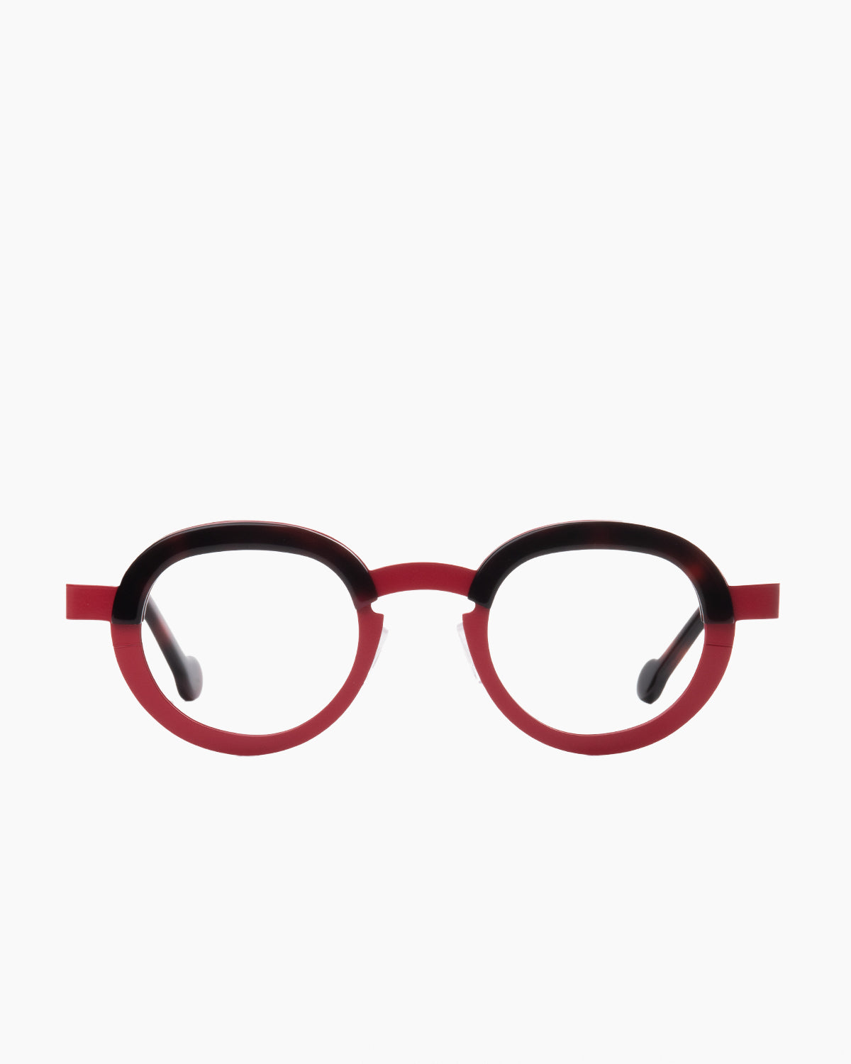 red metal round eyeglasses by Theo model Basket, front view, lunettes de vue rond couleur rouge