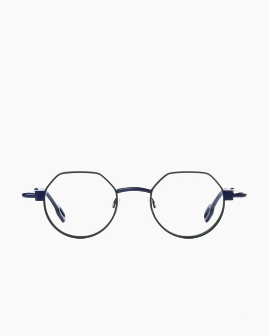 green metal round eyeglasses by Anne et Valentin model MECASMART, front view, lunettes de vue rond couleur vert