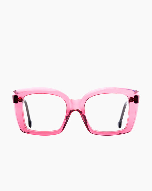 pink plastic butterfly eyeglasses by Marie-Sophie Dion model Gauvin, front view, lunettes de vue papillon couleur rose