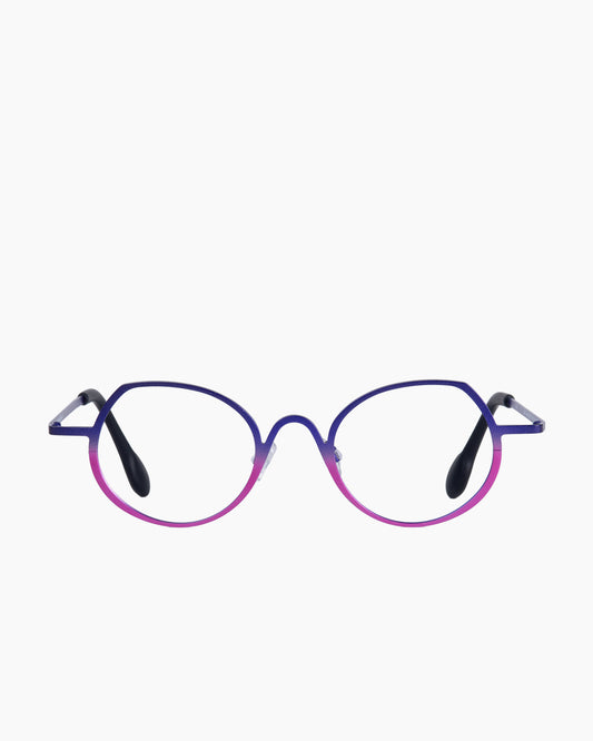 purple metal round eyeglasses by Theo model Constantia, front view, lunettes de vue rond couleur violet