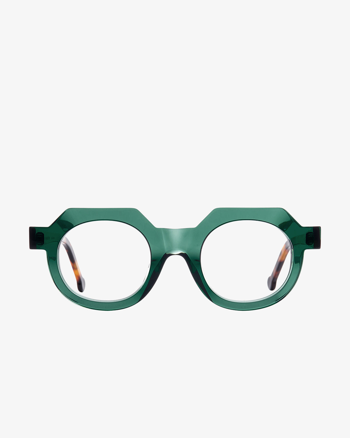 green plastic round eyeglasses by Marie-Sophie Dion model Sow, front view, lunettes de vue rond couleur vert