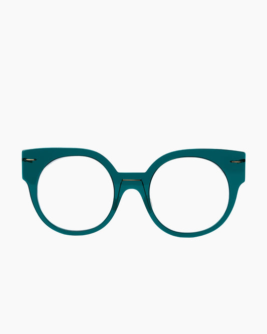 green plastic round eyeglasses by Monogram Marie-Sophie Dion model Brixi, front view, lunettes de vue rond couleur Vert