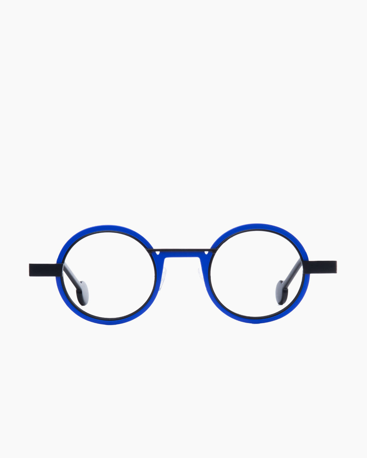 blue metal round eyeglasses by Anne et Valentin model wellok, front view, lunettes de vue rond couleur bleu