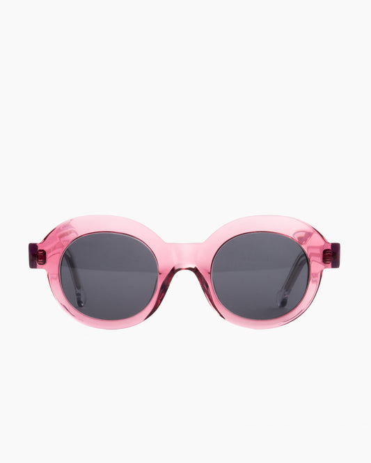 pink plastic round  sunglassesby Marie-Sophie Dion model Latraverse1S, front view, lunettes de vue rond couleur rose