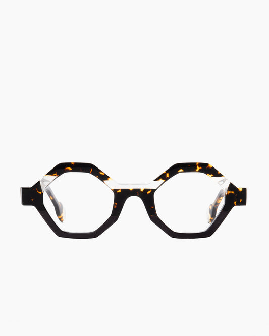 tortoise plastic hexagon eyeglasses by Anne et Valentin model Haha, front view, lunettes de vue hexagone couleur écaille de tortue