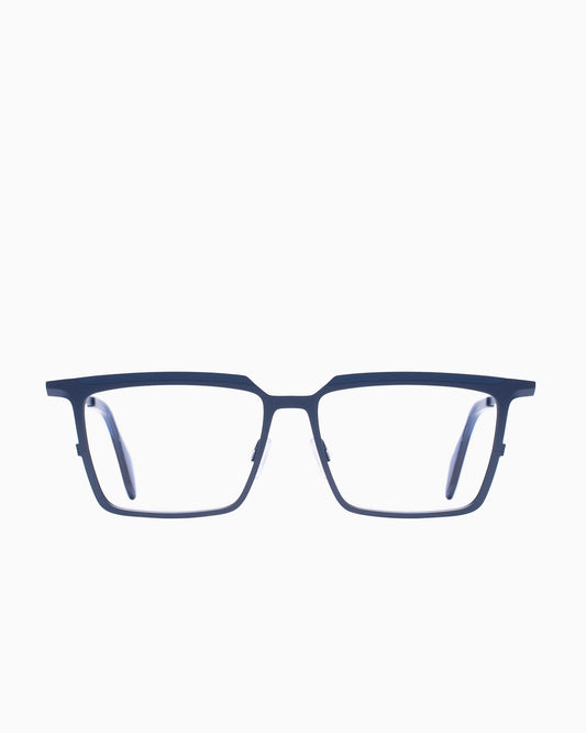 blue metal rectangle eyeglasses by Theo model Barion, front view, lunettes de vue rectangle couleur Bleu