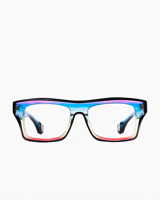 blue plastic rectangle eyeglasses by Blake Kuwahara model Chambers, front view, lunettes de vue rectangle couleur Bleu