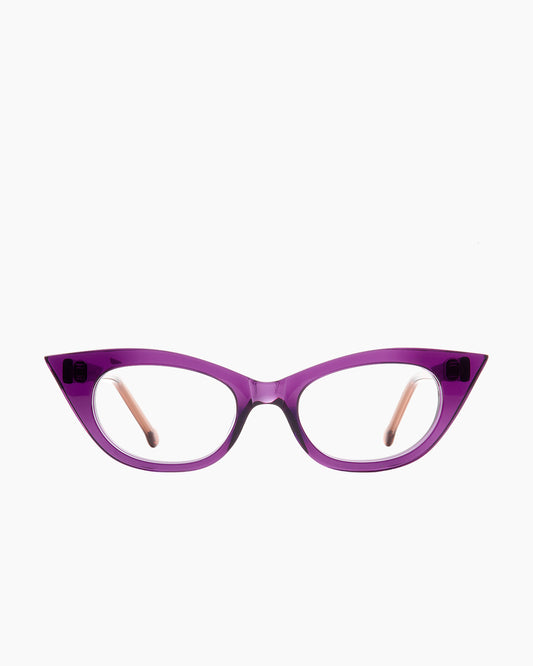 purple plastic cat eyeglasses by Marie-Sophie Dion model Chatelier, front view, lunettes de vue chat couleur violet