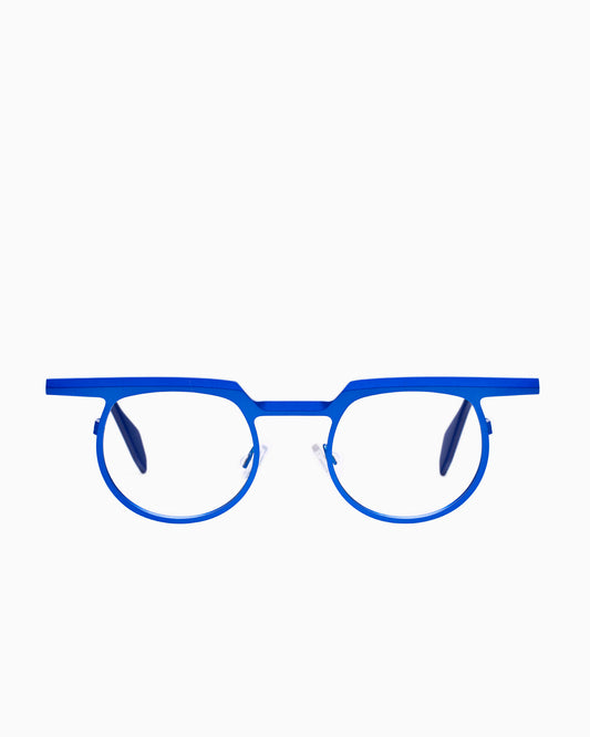 blue metal round eyeglasses by Theo model Zinnia, front view, lunettes de vue rond couleur Bleu
