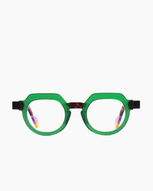 green plastic round eyeglasses by Anne et Valentin model raw6, front view, lunettes de vue rond couleur vert