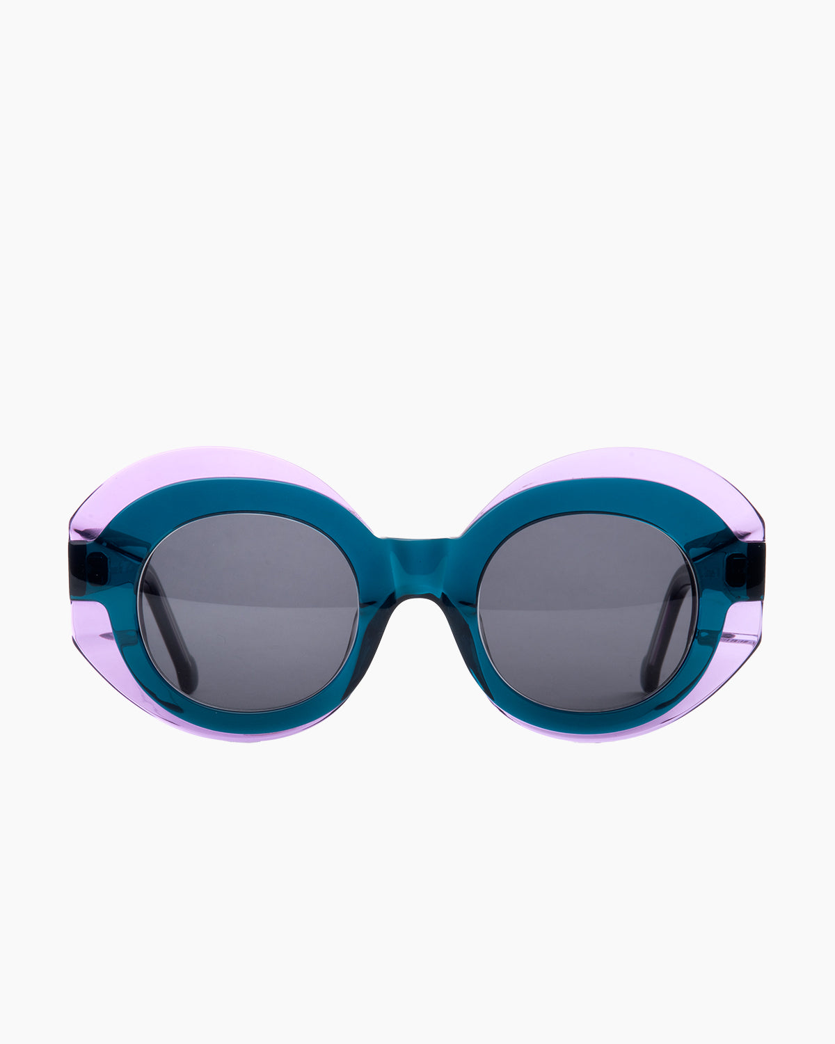 green plastic round  sunglassesby Marie-Sophie Dion model Gingues, front view, lunettes de vue rond couleur vert