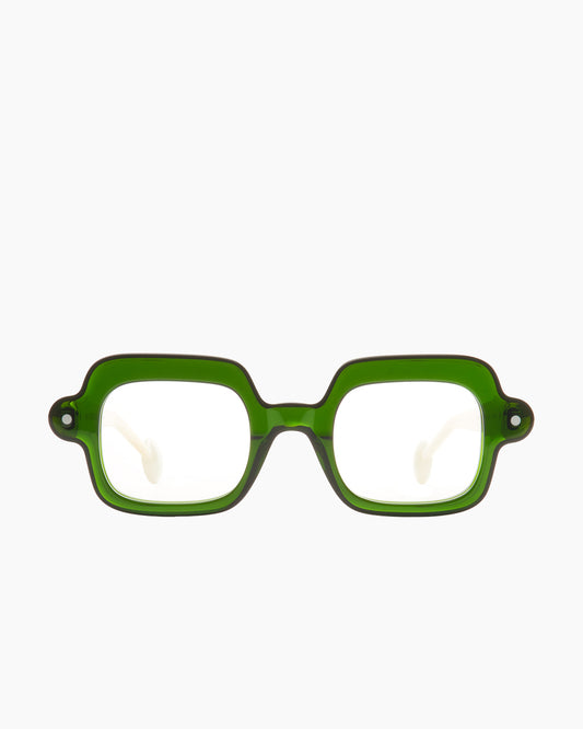 green plastic rectangle eyeglasses by Anne et Valentin model Bim, front view, lunettes de vue rectangle couleur vert