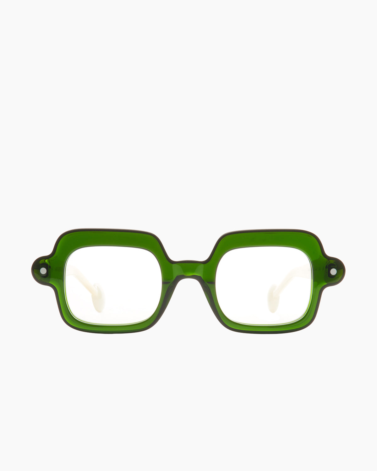 green plastic rectangle eyeglasses by Anne et Valentin model Bim, front view, lunettes de vue rectangle couleur vert