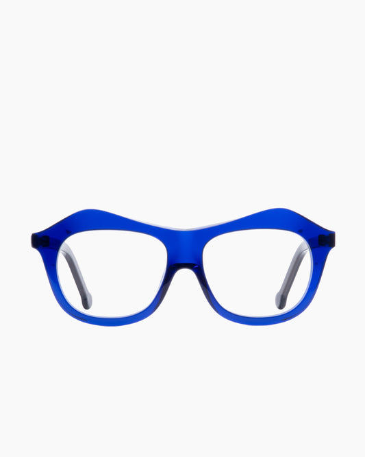 blue plastic aviator eyeglasses by Marie-Sophie Dion model Archambault, front view, lunettes de vue aviateur couleur bleu