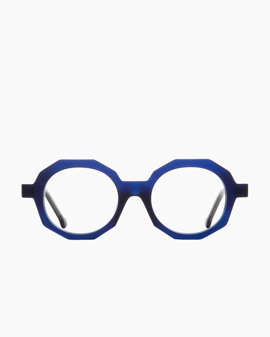 blue plastic octogon eyeglasses by Marie-Sophie Dion model Fabi, front view, lunettes de vue octogone couleur bleu