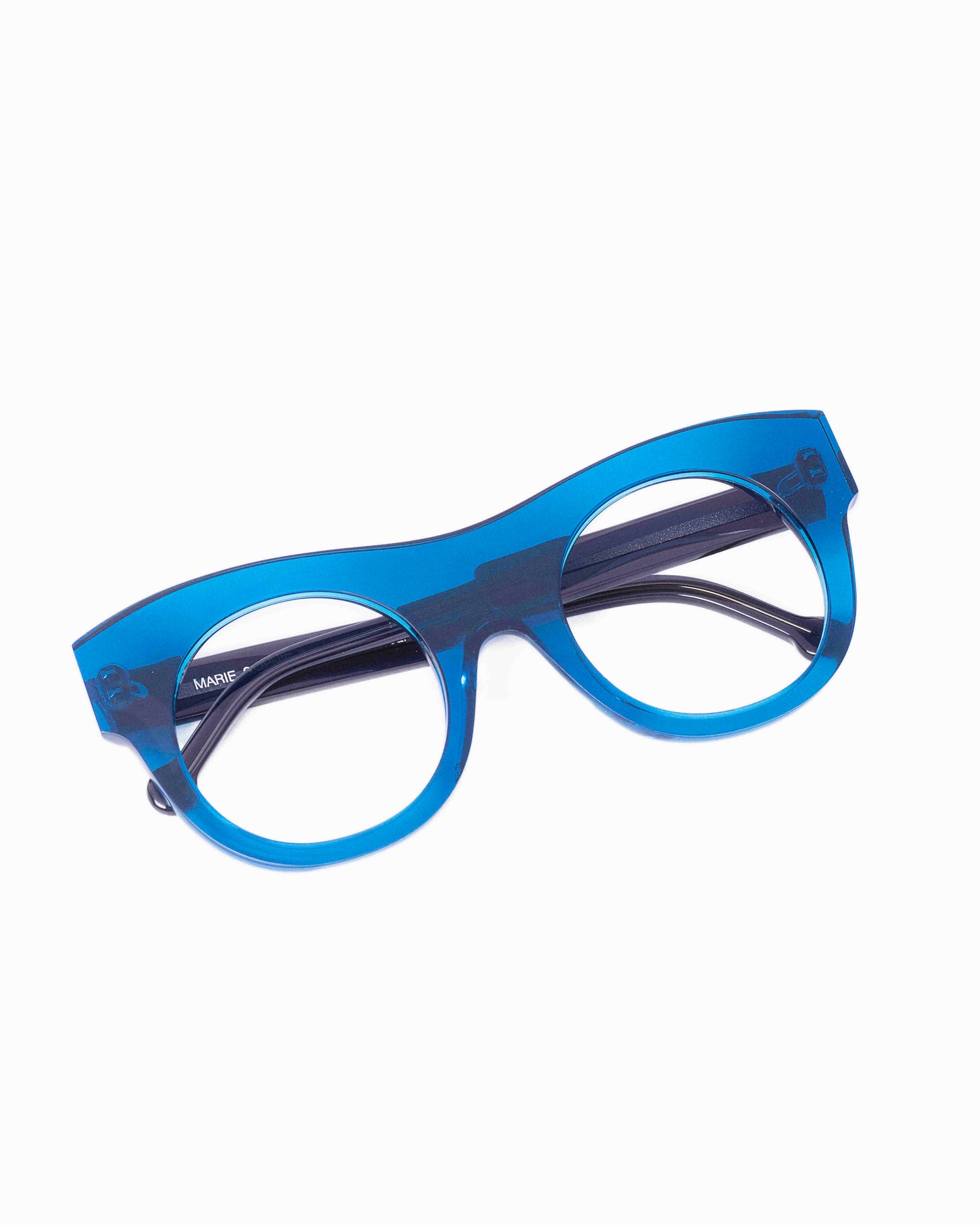 blue plastic round eyeglasses by Marie-Sophie Dion model Asselin, front view, lunettes de vue rond couleur Bleu