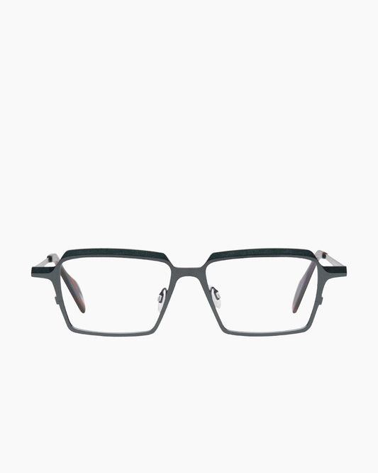 green metal rectangle eyeglasses by Theo model Flanders, front view, lunettes de vue rectangle couleur Vert