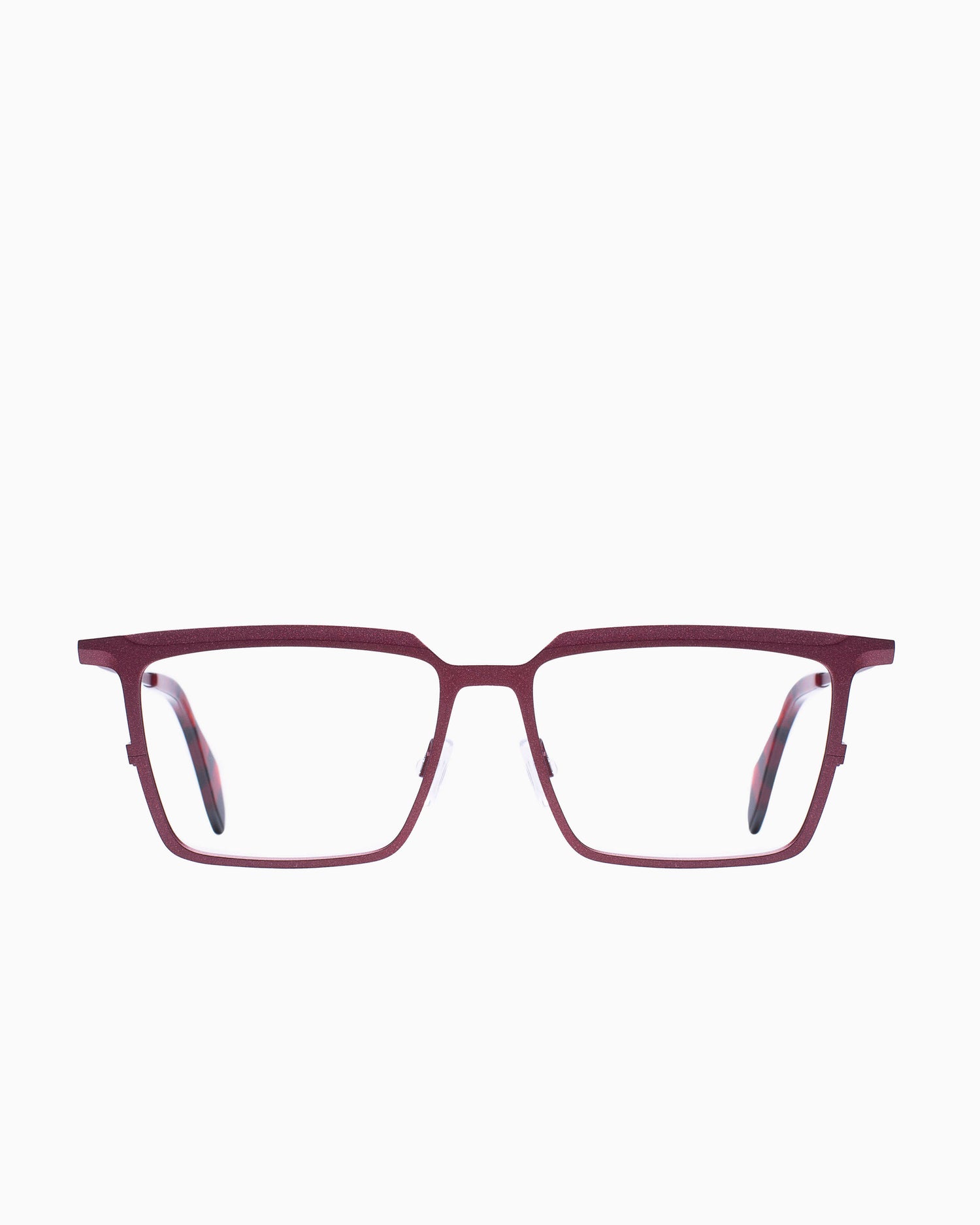 red metal rectangle eyeglasses by Theo model Barion, front view, lunettes de vue rectangle couleur Rouge