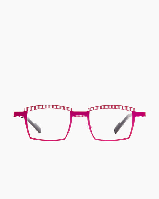 pink metal rectangle eyeglasses by Theo model Crayon, front view, lunettes de vue rectangle couleur rose