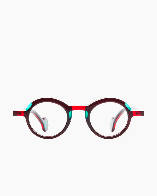 red plastic oval eyeglasses by Theo model Jackson, front view, lunettes de vue ovale couleur rouge